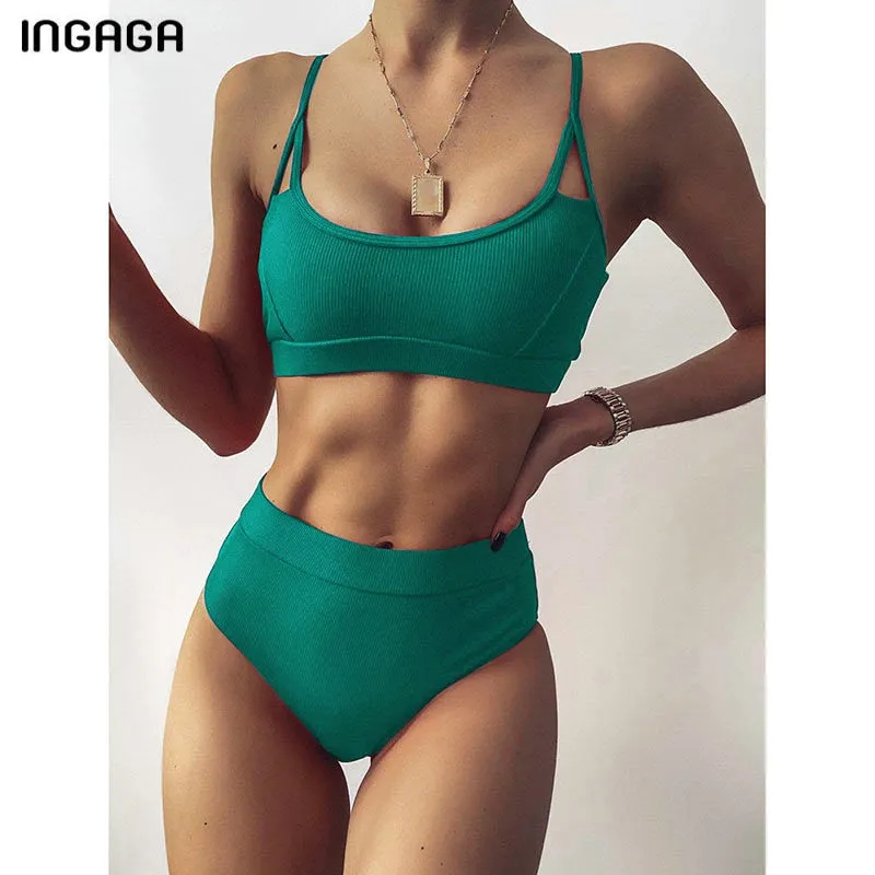VenusFox High Waist Bikinis Ribbed Women's Swimsuit 2021 Swimwear Women Cut Out Bathing Suits Push Up Biquini Black Bikinis Set