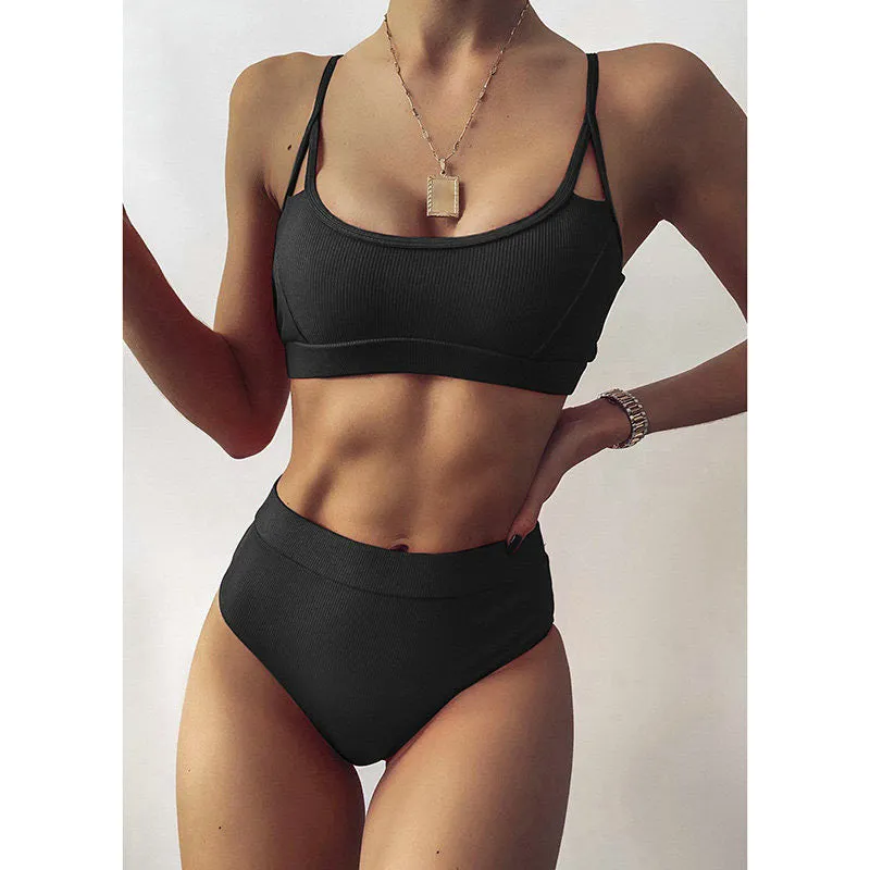 VenusFox High Waist Bikinis Ribbed Women's Swimsuit 2021 Swimwear Women Cut Out Bathing Suits Push Up Biquini Black Bikinis Set