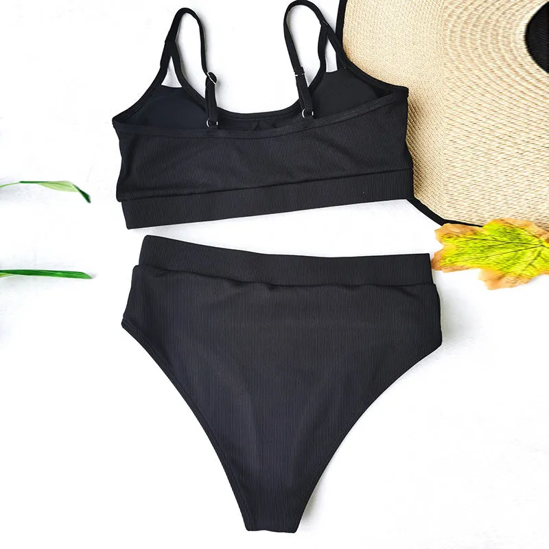 VenusFox High Waist Bikinis Ribbed Women's Swimsuit 2021 Swimwear Women Cut Out Bathing Suits Push Up Biquini Black Bikinis Set