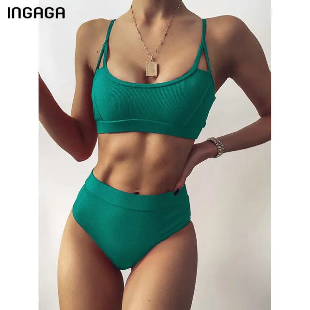 VenusFox High Waist Bikinis Ribbed Women's Swimsuit 2021 Swimwear Women Cut Out Bathing Suits Push Up Biquini Black Bikinis Set