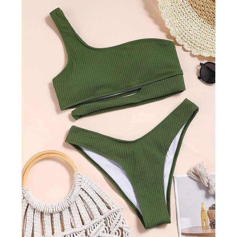 VenusFox One Shoulder Bikini Set Ribbed Swimwear Women's Swimsuit Cut Out Sexy Bikinis Army Green Bathing Suits Summer Beachwear