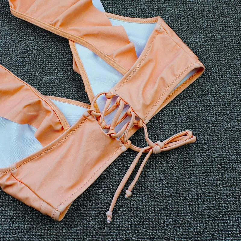 VenusFox Sexy Bikini 2020 New Print Floral Swimwear Women Lace Up Low Waist Bikinis Set Push Up Brazilian Swimsuit Ruffle Bathing Suit L