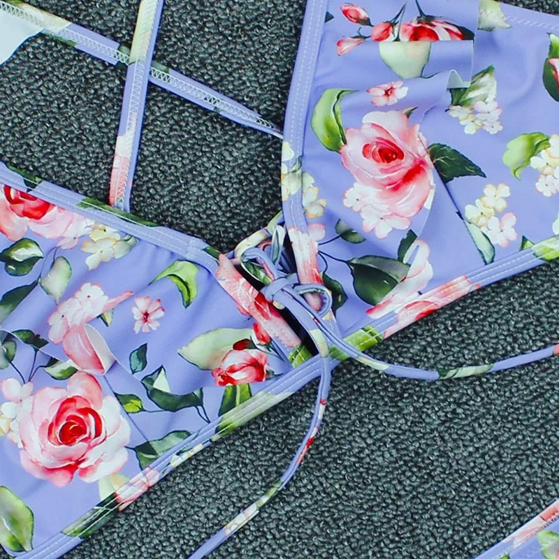VenusFox Sexy Bikini 2020 New Print Floral Swimwear Women Lace Up Low Waist Bikinis Set Push Up Brazilian Swimsuit Ruffle Bathing Suit L