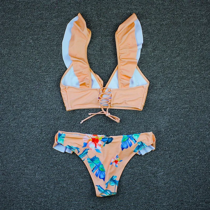 VenusFox Sexy Bikini 2020 New Print Floral Swimwear Women Lace Up Low Waist Bikinis Set Push Up Brazilian Swimsuit Ruffle Bathing Suit L