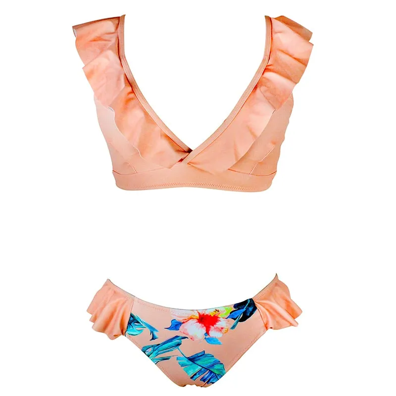 VenusFox Sexy Bikini 2020 New Print Floral Swimwear Women Lace Up Low Waist Bikinis Set Push Up Brazilian Swimsuit Ruffle Bathing Suit L