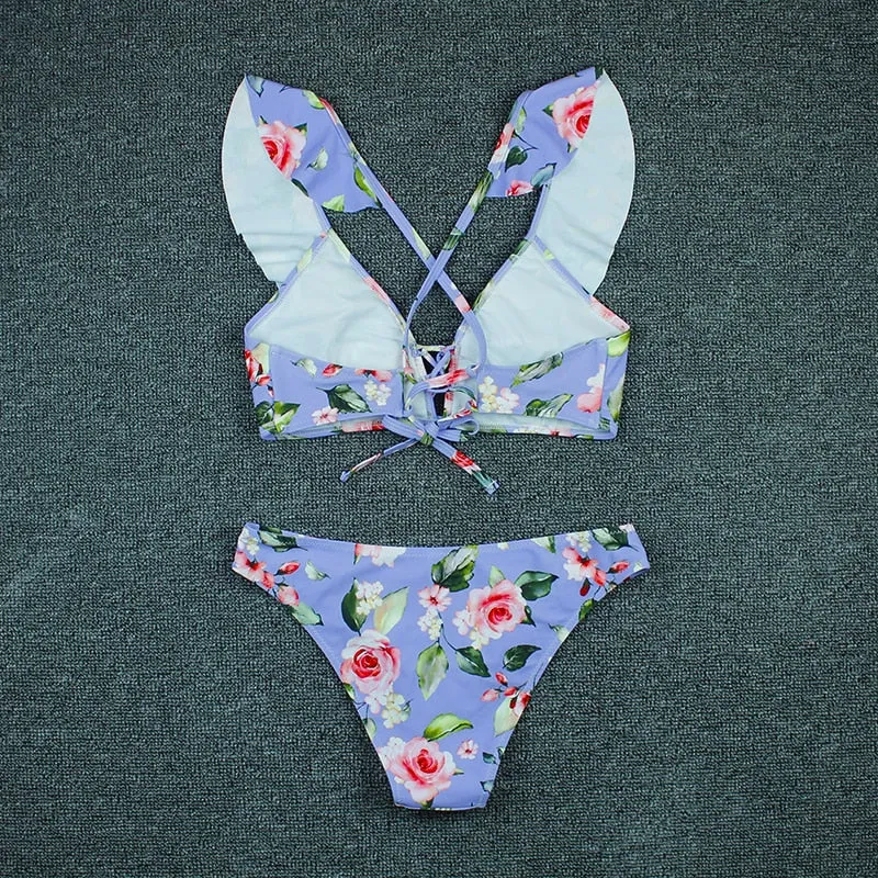VenusFox Sexy Bikini 2020 New Print Floral Swimwear Women Lace Up Low Waist Bikinis Set Push Up Brazilian Swimsuit Ruffle Bathing Suit L