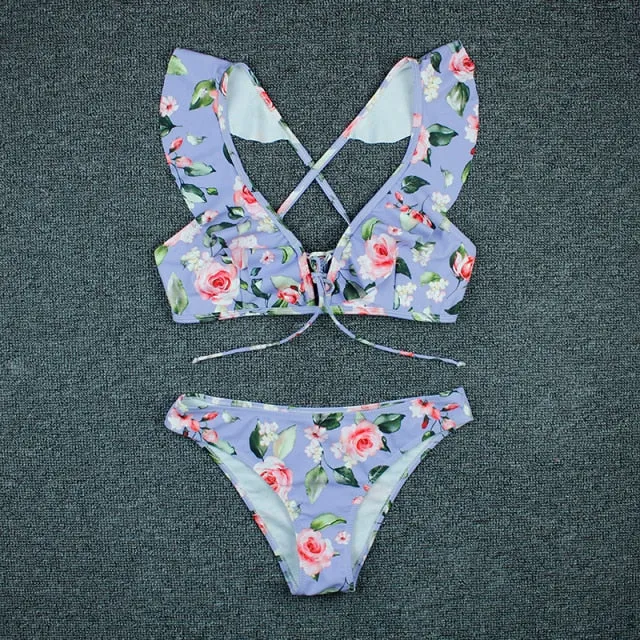 VenusFox Sexy Bikini 2020 New Print Floral Swimwear Women Lace Up Low Waist Bikinis Set Push Up Brazilian Swimsuit Ruffle Bathing Suit L
