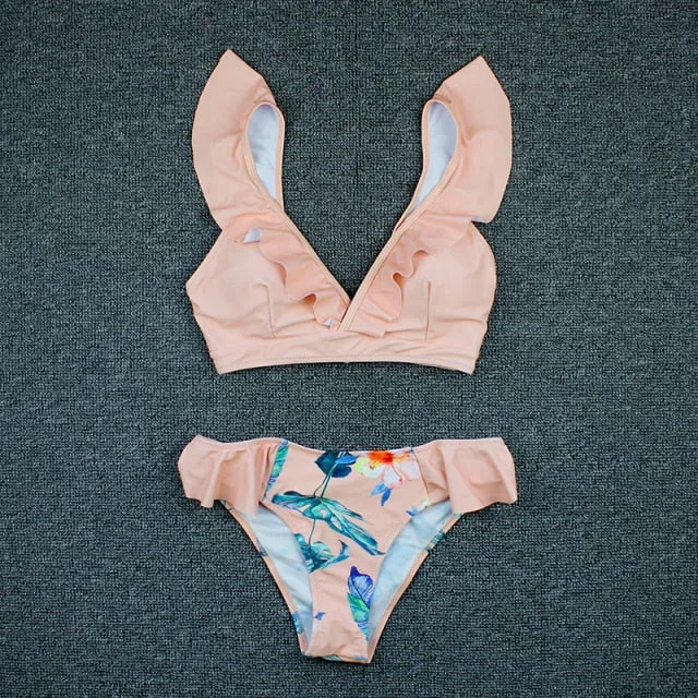 VenusFox Sexy Bikini 2020 New Print Floral Swimwear Women Lace Up Low Waist Bikinis Set Push Up Brazilian Swimsuit Ruffle Bathing Suit L