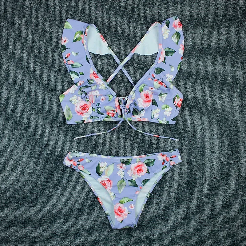 VenusFox Sexy Bikini 2020 New Print Floral Swimwear Women Lace Up Low Waist Bikinis Set Push Up Brazilian Swimsuit Ruffle Bathing Suit L