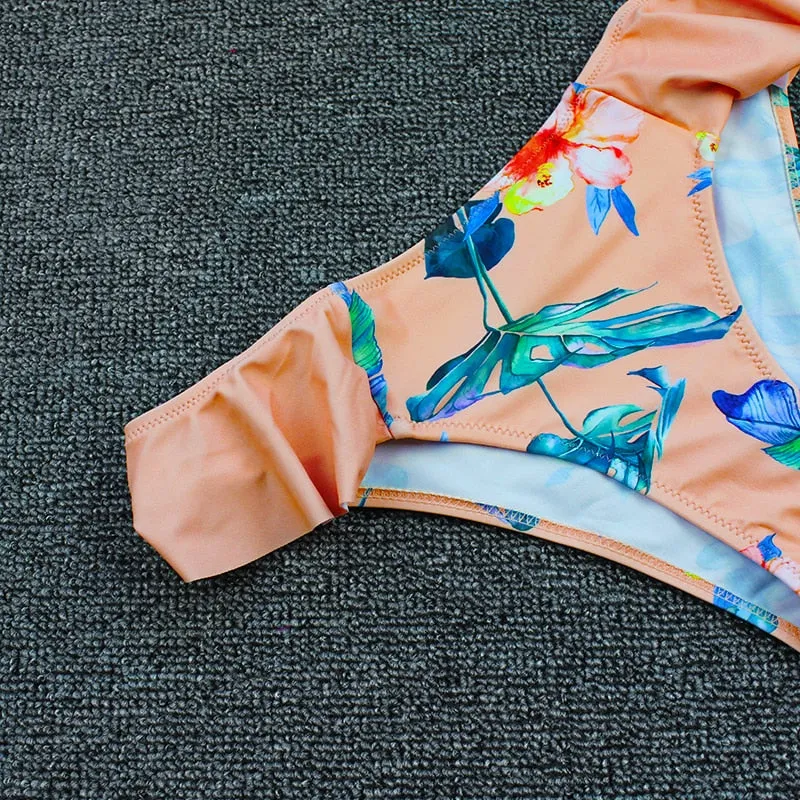 VenusFox Sexy Bikini 2020 New Print Floral Swimwear Women Lace Up Low Waist Bikinis Set Push Up Brazilian Swimsuit Ruffle Bathing Suit L