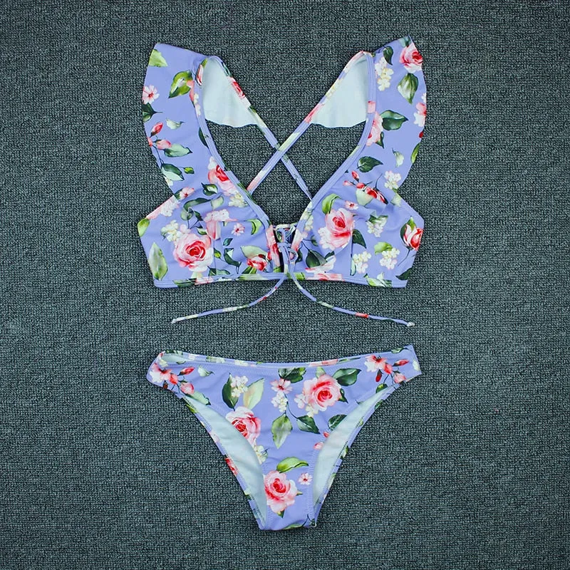 VenusFox Sexy Bikini 2020 New Print Floral Swimwear Women Lace Up Low Waist Bikinis Set Push Up Brazilian Swimsuit Ruffle Bathing Suit L