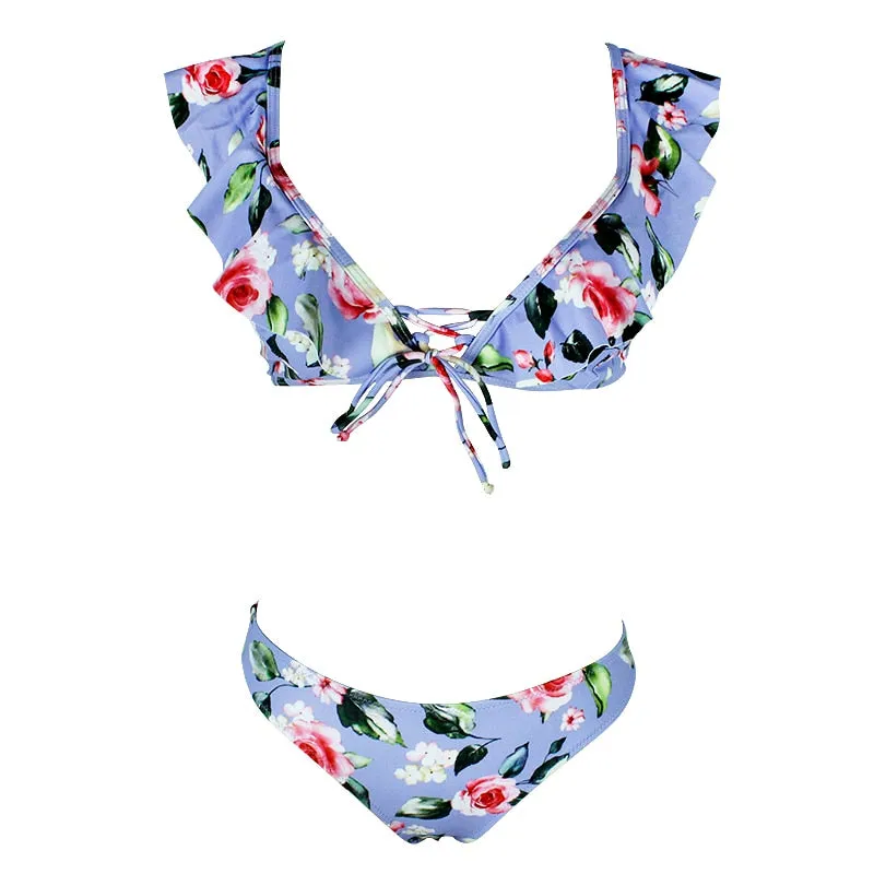 VenusFox Sexy Bikini 2020 New Print Floral Swimwear Women Lace Up Low Waist Bikinis Set Push Up Brazilian Swimsuit Ruffle Bathing Suit L