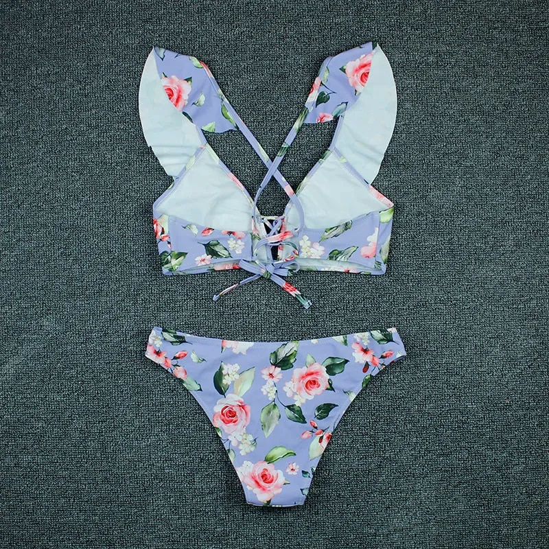 VenusFox Sexy Bikini 2020 New Print Floral Swimwear Women Lace Up Low Waist Bikinis Set Push Up Brazilian Swimsuit Ruffle Bathing Suit L