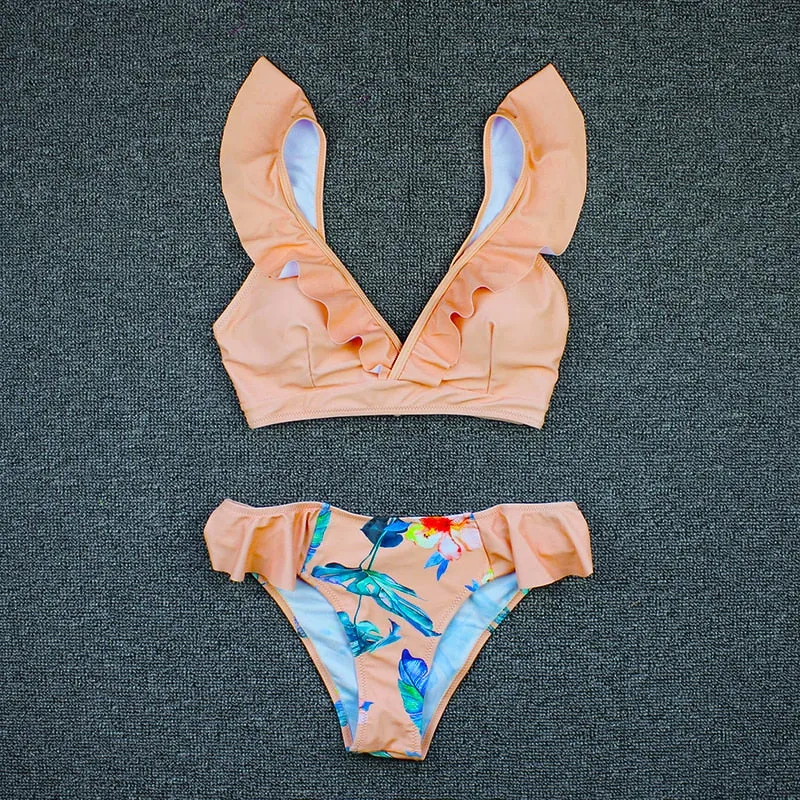 VenusFox Sexy Bikini 2020 New Print Floral Swimwear Women Lace Up Low Waist Bikinis Set Push Up Brazilian Swimsuit Ruffle Bathing Suit L