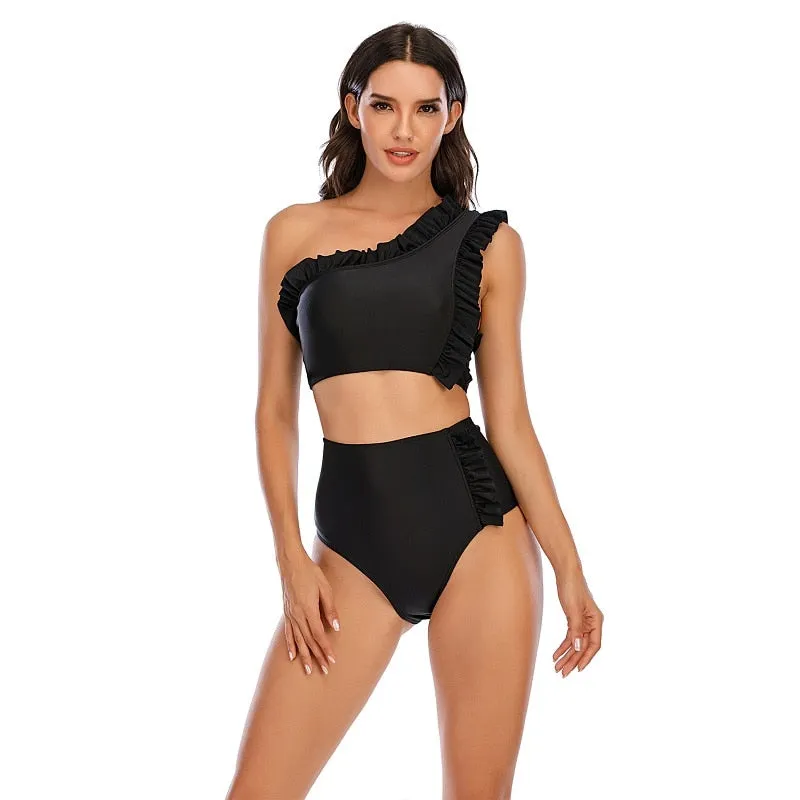 VenusFox Sexy Bikinis Women 2021 One Shoulder Swimwear High Waist Swimsuit Purple Bandage Bathing Suits Ruffle Beach Wear Biquini Female