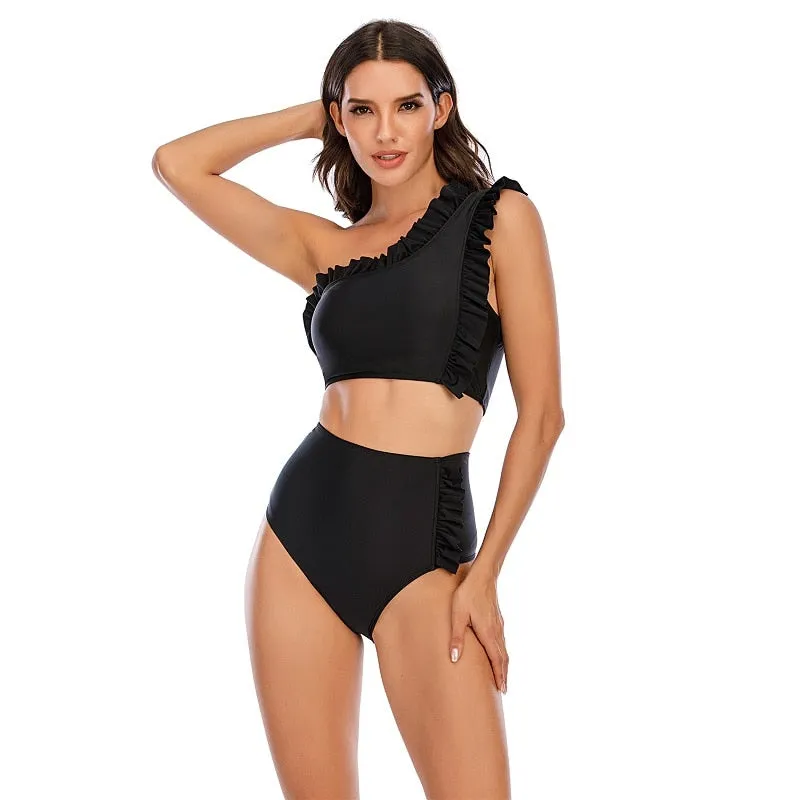 VenusFox Sexy Bikinis Women 2021 One Shoulder Swimwear High Waist Swimsuit Purple Bandage Bathing Suits Ruffle Beach Wear Biquini Female