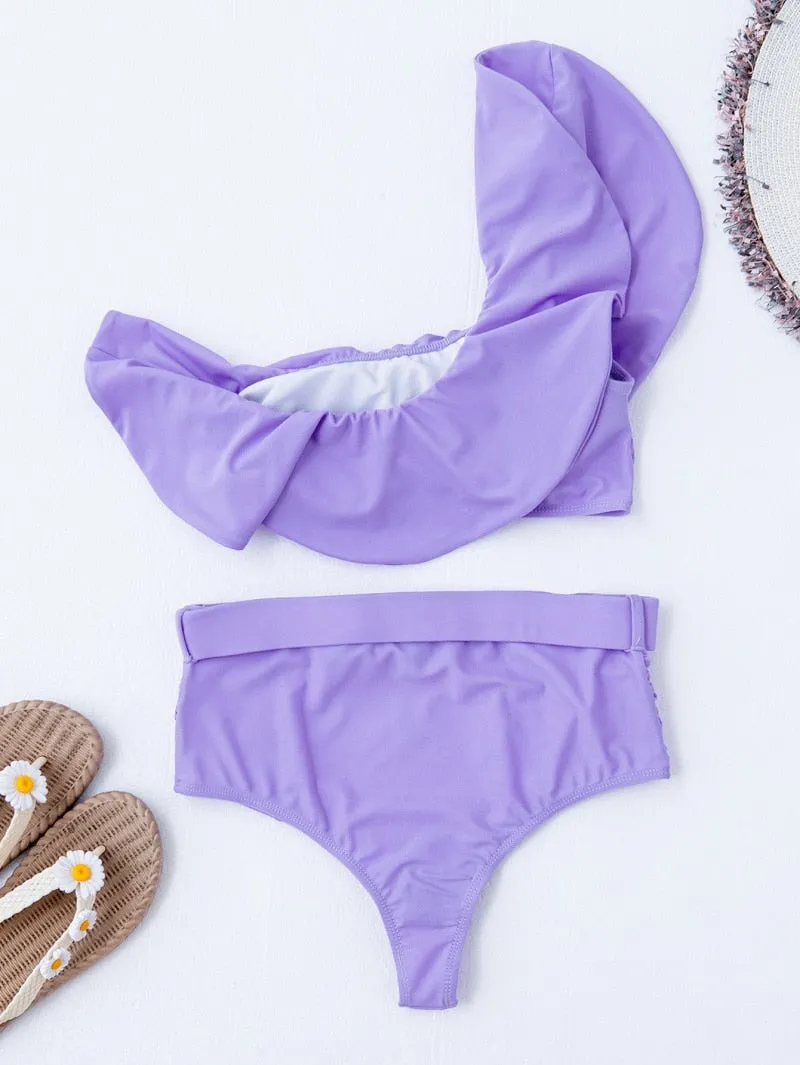 VenusFox Sexy Bikinis Women 2021 One Shoulder Swimwear High Waist Swimsuit Purple Bandage Bathing Suits Ruffle Beach Wear Biquini Female