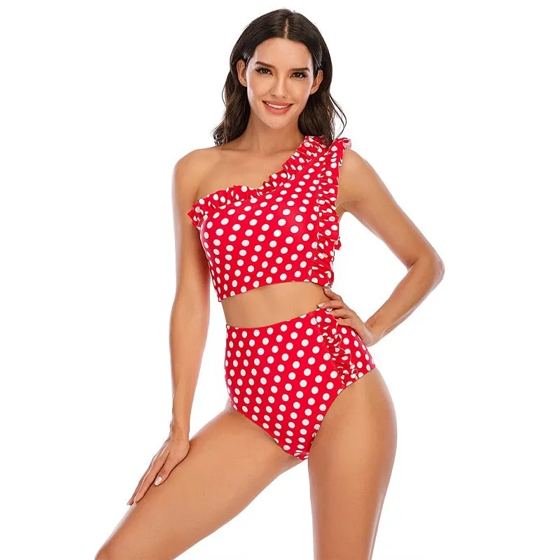 VenusFox Sexy Bikinis Women 2021 One Shoulder Swimwear High Waist Swimsuit Purple Bandage Bathing Suits Ruffle Beach Wear Biquini Female