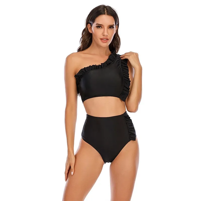 VenusFox Sexy Bikinis Women 2021 One Shoulder Swimwear High Waist Swimsuit Purple Bandage Bathing Suits Ruffle Beach Wear Biquini Female