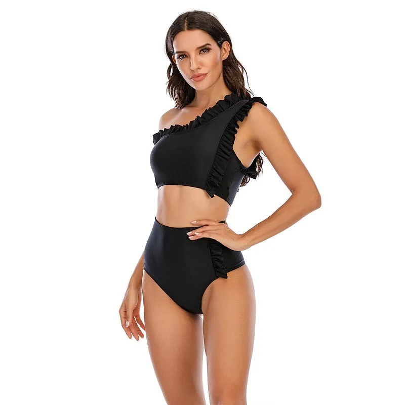 VenusFox Sexy Bikinis Women 2021 One Shoulder Swimwear High Waist Swimsuit Purple Bandage Bathing Suits Ruffle Beach Wear Biquini Female