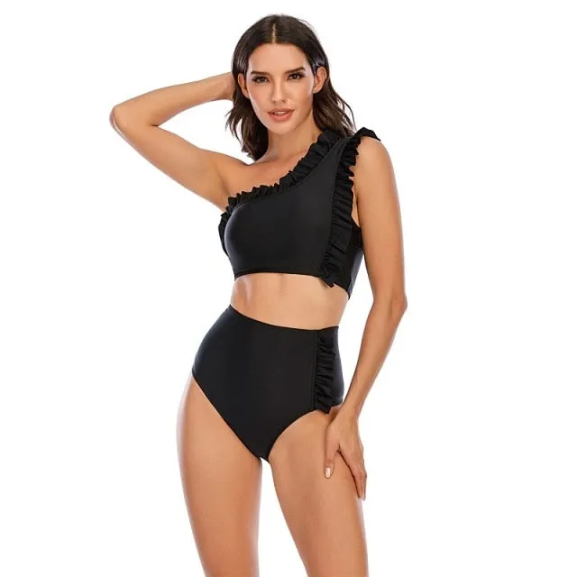 VenusFox Sexy Bikinis Women 2021 One Shoulder Swimwear High Waist Swimsuit Purple Bandage Bathing Suits Ruffle Beach Wear Biquini Female
