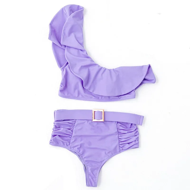 VenusFox Sexy Bikinis Women 2021 One Shoulder Swimwear High Waist Swimsuit Purple Bandage Bathing Suits Ruffle Beach Wear Biquini Female