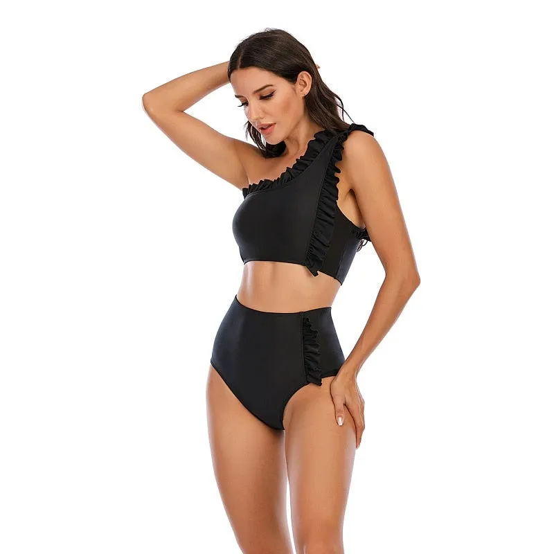 VenusFox Sexy Bikinis Women 2021 One Shoulder Swimwear High Waist Swimsuit Purple Bandage Bathing Suits Ruffle Beach Wear Biquini Female
