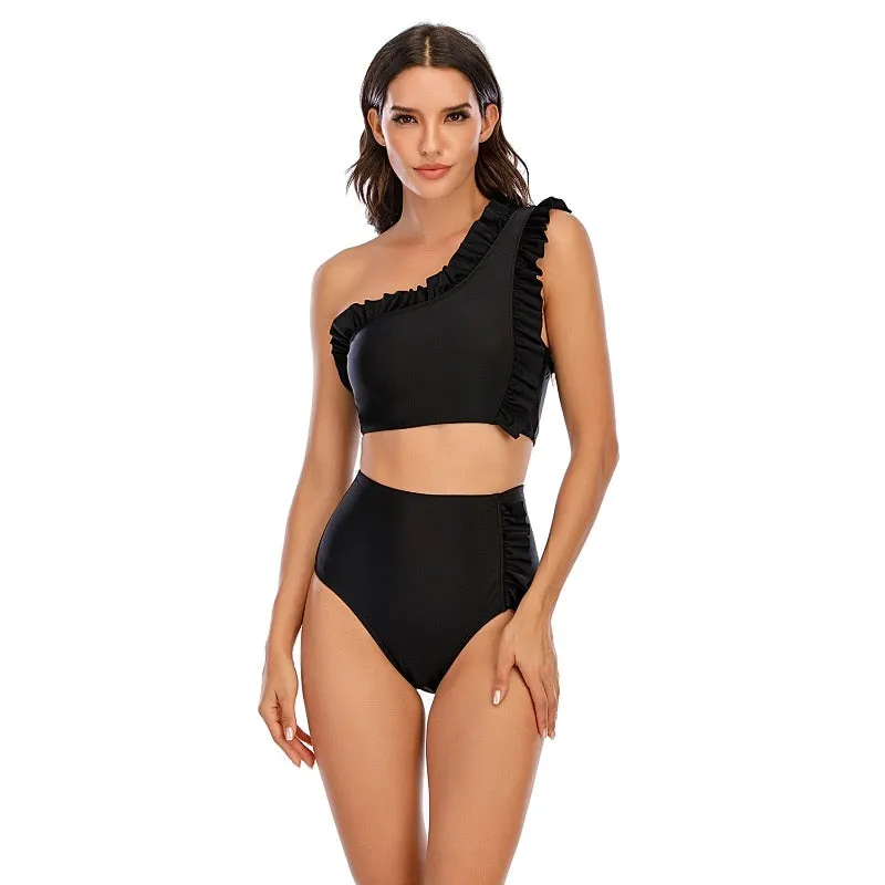 VenusFox Sexy Bikinis Women 2021 One Shoulder Swimwear High Waist Swimsuit Purple Bandage Bathing Suits Ruffle Beach Wear Biquini Female