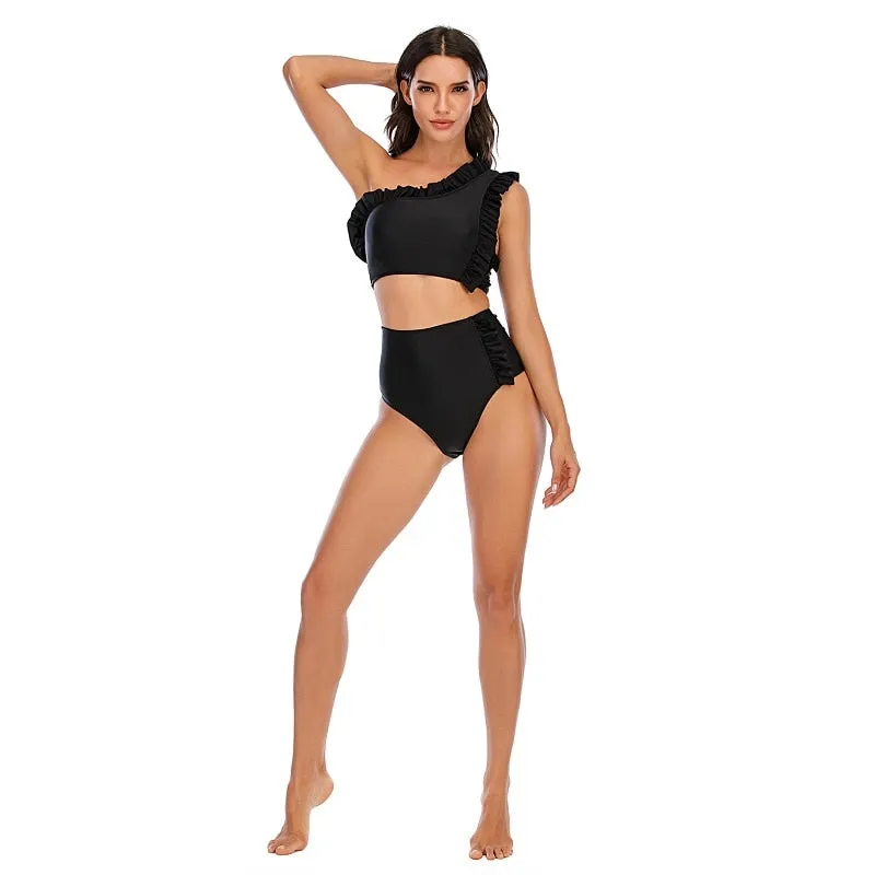 VenusFox Sexy Bikinis Women 2021 One Shoulder Swimwear High Waist Swimsuit Purple Bandage Bathing Suits Ruffle Beach Wear Biquini Female