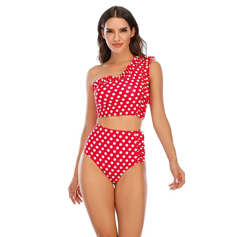 VenusFox Sexy Bikinis Women 2021 One Shoulder Swimwear High Waist Swimsuit Purple Bandage Bathing Suits Ruffle Beach Wear Biquini Female