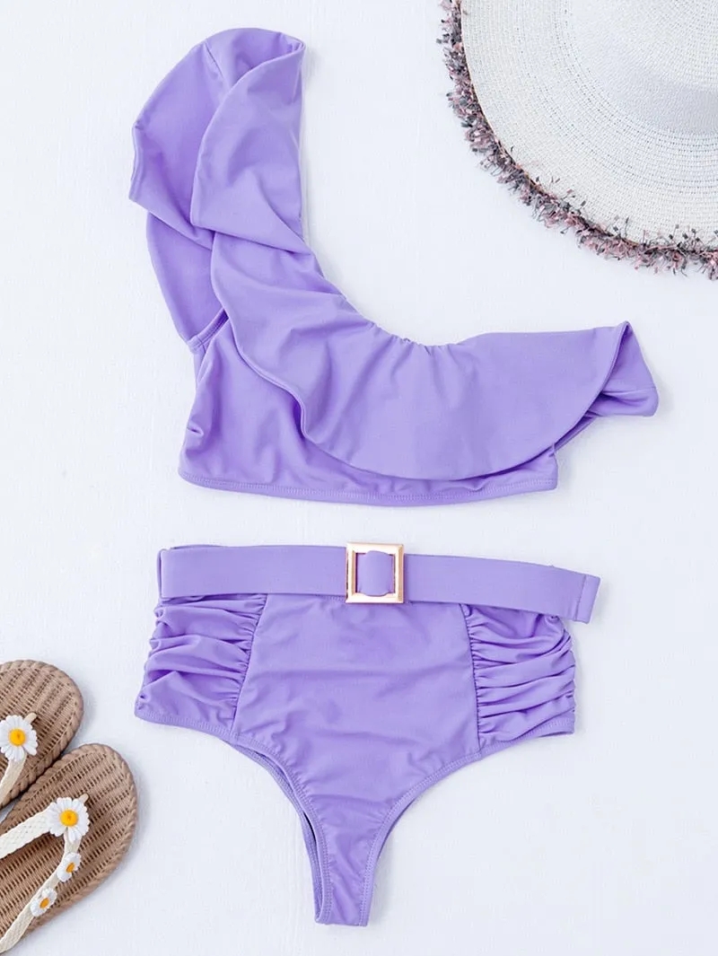 VenusFox Sexy Bikinis Women 2021 One Shoulder Swimwear High Waist Swimsuit Purple Bandage Bathing Suits Ruffle Beach Wear Biquini Female