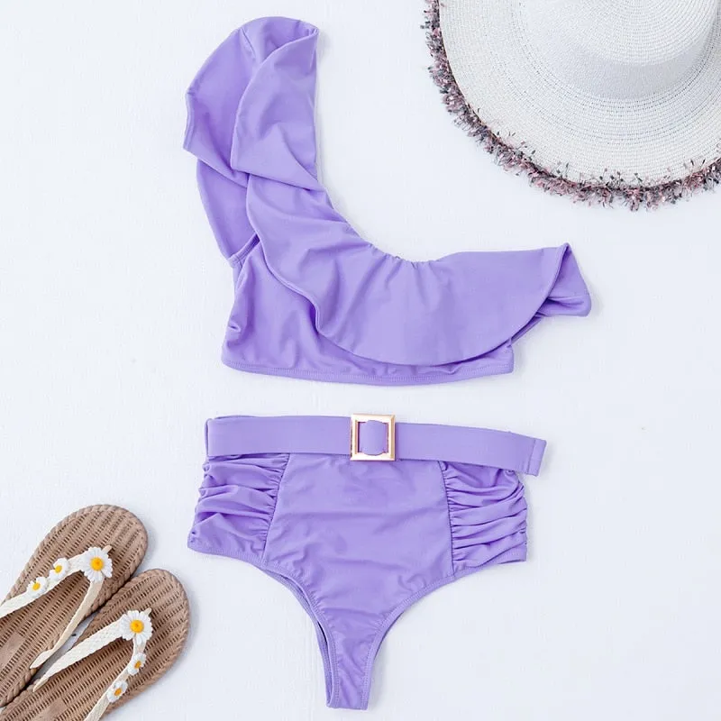 VenusFox Sexy Bikinis Women 2021 One Shoulder Swimwear High Waist Swimsuit Purple Bandage Bathing Suits Ruffle Beach Wear Biquini Female