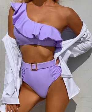 VenusFox Sexy Bikinis Women 2021 One Shoulder Swimwear High Waist Swimsuit Purple Bandage Bathing Suits Ruffle Beach Wear Biquini Female