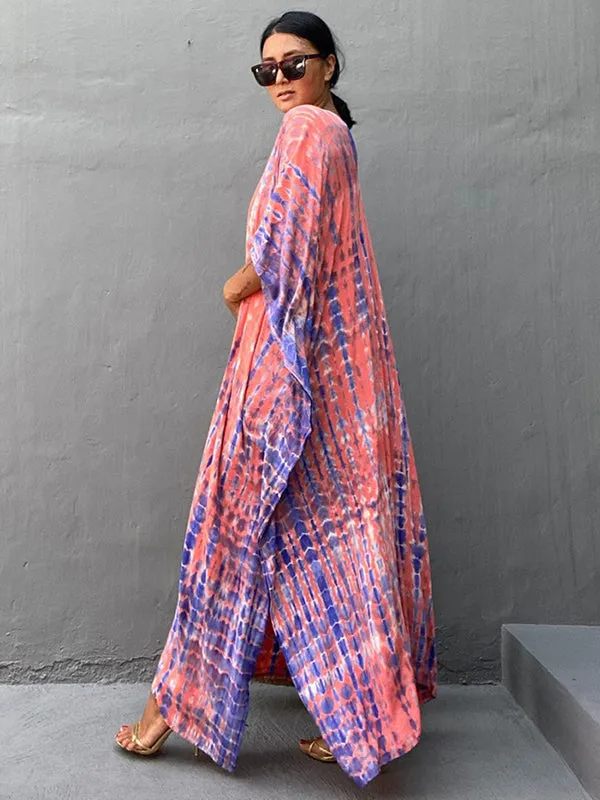 Wenkouban-Black Friday Christmas Thanksgiving Bohemia Oversized Striped Printed Batwing Sleeves Cover-Up