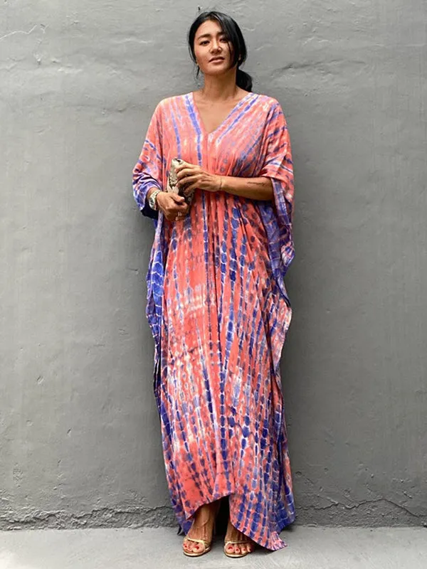Wenkouban-Black Friday Christmas Thanksgiving Bohemia Oversized Striped Printed Batwing Sleeves Cover-Up