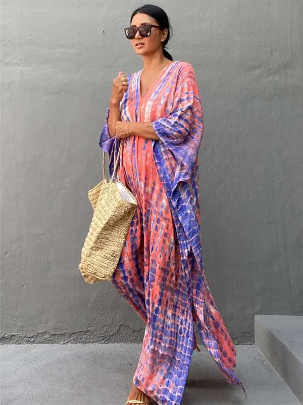 Wenkouban-Black Friday Christmas Thanksgiving Bohemia Oversized Striped Printed Batwing Sleeves Cover-Up