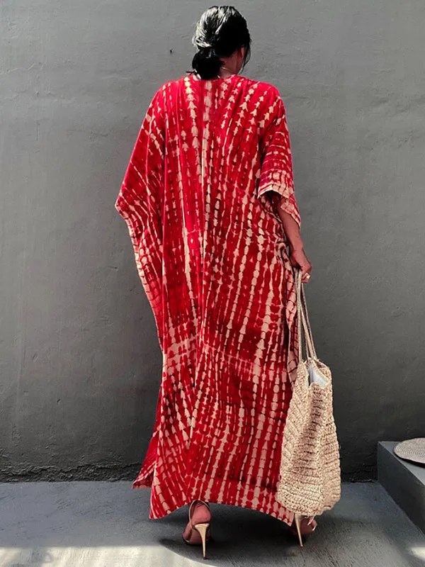 Wenkouban-Black Friday Christmas Thanksgiving Bohemia Oversized Striped Printed Batwing Sleeves Cover-Up