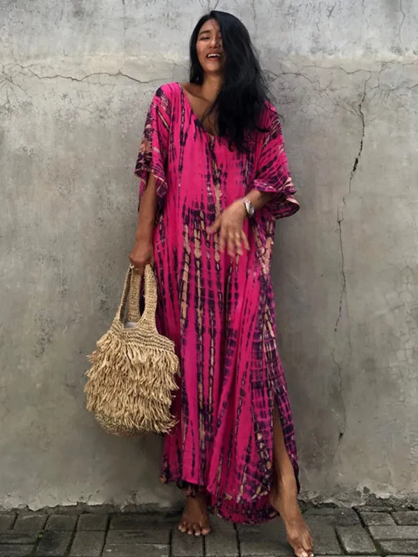 Wenkouban-Black Friday Christmas Thanksgiving Bohemia Oversized Striped Printed Batwing Sleeves Cover-Up