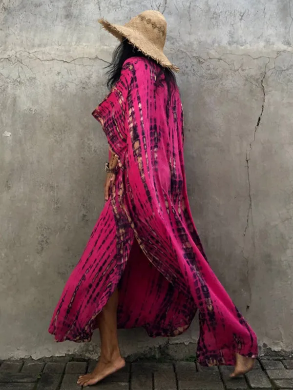 Wenkouban-Black Friday Christmas Thanksgiving Bohemia Oversized Striped Printed Batwing Sleeves Cover-Up