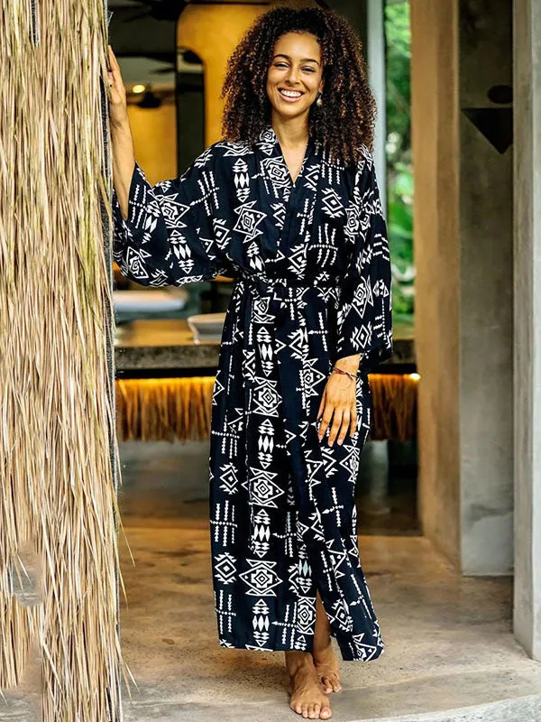Wenkouban-Black Friday Christmas Thanksgiving Bohemia Printed Belted Long Sleeves Cover-Up