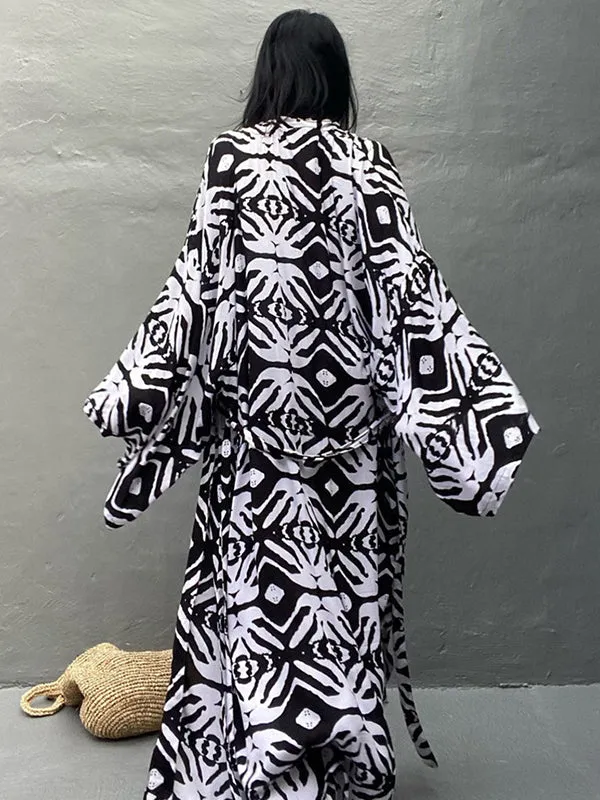 Wenkouban-Black Friday Christmas Thanksgiving Bohemia Printed Belted Long Sleeves Cover-Up