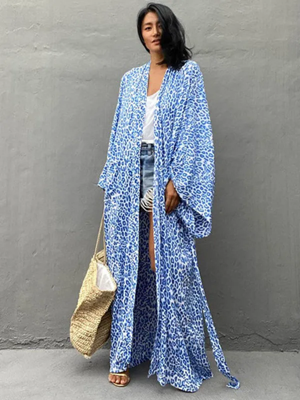 Wenkouban-Black Friday Christmas Thanksgiving Bohemia Printed Belted Long Sleeves Cover-Up