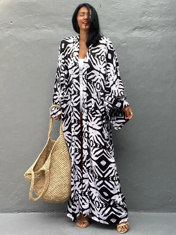 Wenkouban-Black Friday Christmas Thanksgiving Bohemia Printed Belted Long Sleeves Cover-Up