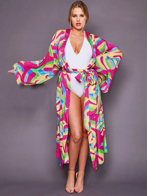 Wenkouban-Black Friday Christmas Thanksgiving Bohemia Printed Belted Long Sleeves Cover-Up