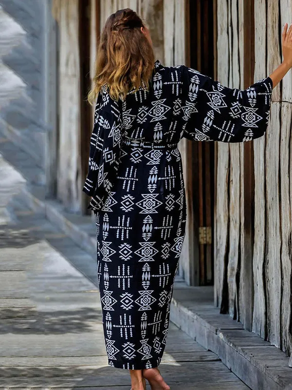 Wenkouban-Black Friday Christmas Thanksgiving Bohemia Printed Belted Long Sleeves Cover-Up