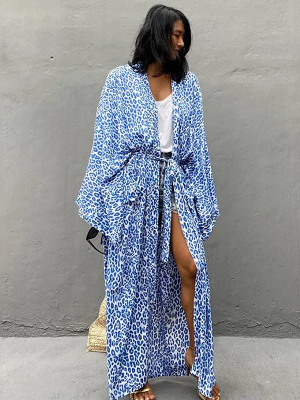 Wenkouban-Black Friday Christmas Thanksgiving Bohemia Printed Belted Long Sleeves Cover-Up