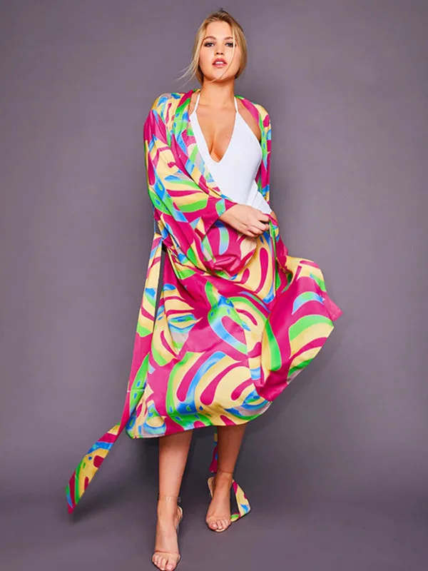 Wenkouban-Black Friday Christmas Thanksgiving Bohemia Printed Belted Long Sleeves Cover-Up