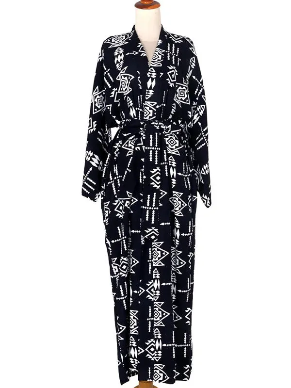 Wenkouban-Black Friday Christmas Thanksgiving Bohemia Printed Belted Long Sleeves Cover-Up