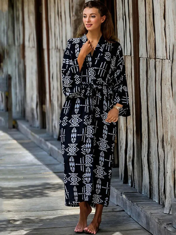 Wenkouban-Black Friday Christmas Thanksgiving Bohemia Printed Belted Long Sleeves Cover-Up