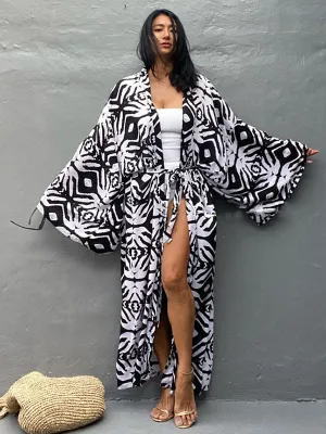 Wenkouban-Black Friday Christmas Thanksgiving Bohemia Printed Belted Long Sleeves Cover-Up